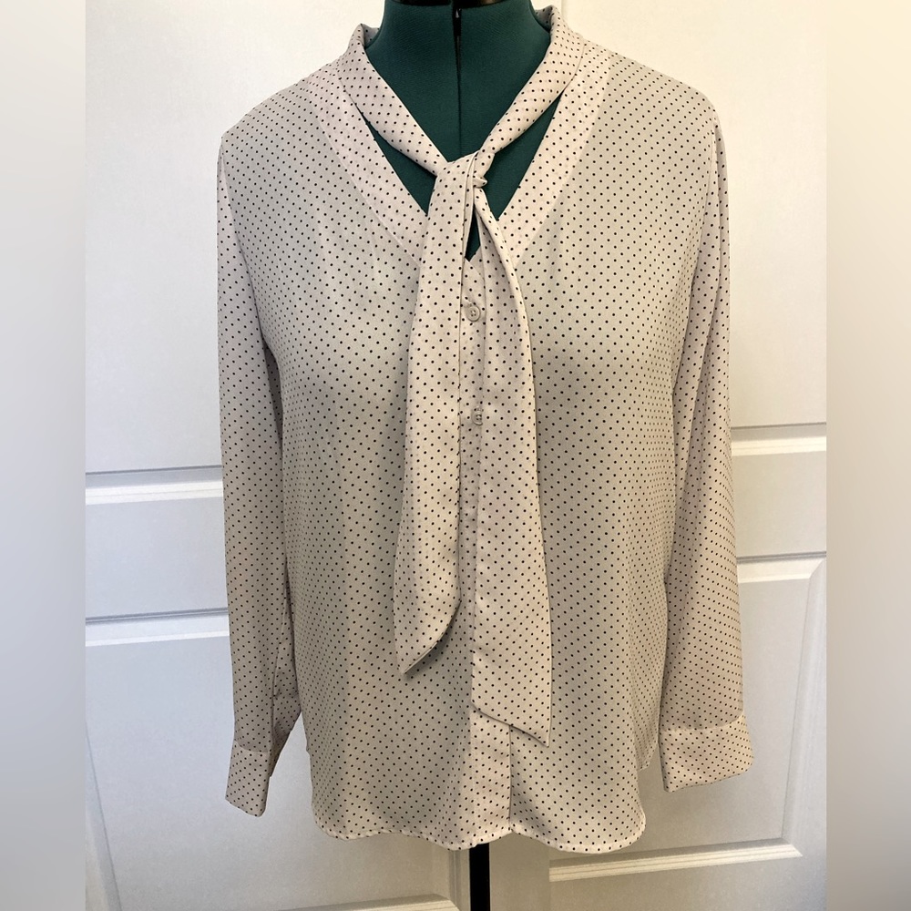 Ann Taylor Factory polka dot, front tie neck blouse. Size Medium.